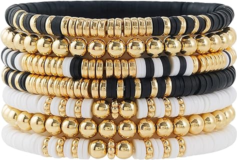 Surfer Heishi Bracelets Set for Women Stackable Gold Clay Ploymer Bead Stretch Bracelets Summer Beach Layering Black Bracelets Jewelry