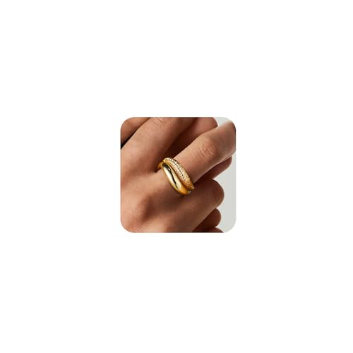 Gold Rings for Women, 14K Gold Plated Wave Rings Stackable Trendy 2PCS Band Ring for Women Cubic Zirconia Ring Set Fashion Jewelry Gift for Women Teen Girls Size 5-10