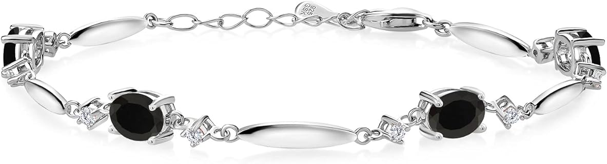 Sterling Silver Black Onyx and White Moissanite Tennis Bracelet by Gem Stone King - 3.10 Cttw, Dec Birthstone, Oval 7X5MM, 6 Inch + 1 Inch Extender, with Lobster Claw Clasp and Link Chain
