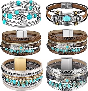 Buckle-Clasped Western Beaded Bohemian Bracelet Set in Bead Chain Design with Turquoise, Alloy and Faux Leather for Women - Boho Multi-Layer Cuff Wrap Style