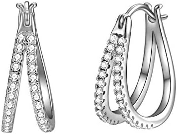 Double Hoop Gold-Plated Brass Earrings with Cubic Zirconia Clusters for Women, Anniversary/Birthday/Christmas Unique C-Shaped Design