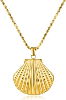 Stainless Steel Gold-Plated Shell Pendant Necklace with Cable Chain for Women, Beach and Summer Design