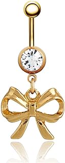 Bow Belly Button Rings 14G Surgical Stainless Steel Dangle Gold Navel Barbell Stud Cubic Zirconia Body Piercing