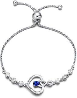 Sterling Silver Sapphire Heart Shaped Cuff Bracelet for Women with Box Chain Design, AGVANA Birthstone Jewelry Gifts for Wife/Mom