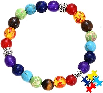 Bead Chain Autism Awareness Bracelet with Buckle Clasp, Enhanced with 7-Chakra Beads and Puzzle Heart Pendant for Women - Zinc Material