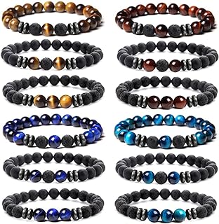 Bead Chain Natural Lava Rock Stone Bead Bracelets for Men and Women, Adjustable Fit, Set of 12 - Ideal for Essential Oil Diffusion
