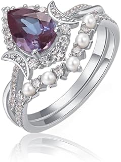 925 Sterling Silver Color Change Alexandrite Ring- Alexandrite with Pearl Stackable Rings for Women-June Birthstone Statement Engagement and Wedding Ring,Elegant and Timeless