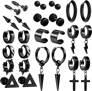 Faccubee Punk Goth Black Cross Earrings for Men Women Lady Girl Boy Unisex Stainless Steel Drop Dangle Piercing Hoop Screw Stud Earrings Set Spike Jewelry Kit Fashion Prom Christmas Halloween Party