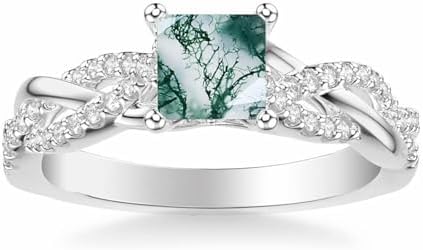Sterling Silver Engagement Ring with Moss Agate and Moissanite for Women: Blocaci Twisted Design in White Gold