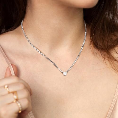 Sterling Silver Pendant Moissanite Necklace: White Gold Plated 925 Silver Cuban Chain Sparkling VVS1 Solitaire Precious Gorgeous Christmas Birthday Valentine's Day Wedding Brides Jewelry Gift Teen Girl Women