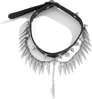 Kercisbeauty Punk Rivet Black Leather Choker Silver Tassel Collar Bone Necklace for Women Girls Halloween Belt Jewelry