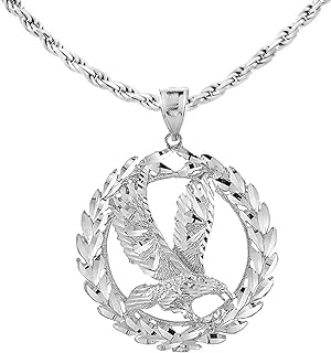 .925 Sterling Silver 2-1/3" Patriotic USA American Eagle with Olive Wreath Peace Round Pendant Necklace - 16"