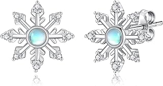 Sterling Silver Snowflake Stud Earrings - Moonstone Snow Hypoallergenic Earrings with CZ Christmas Winter Holiday Jewelry Gift for Women Snow Lovers