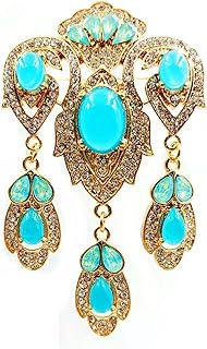 CYPINA Exquisite Antique Trio Dangle Turquoise Blue Art Deco Brooch Pin India Stylish Costume Jewelry