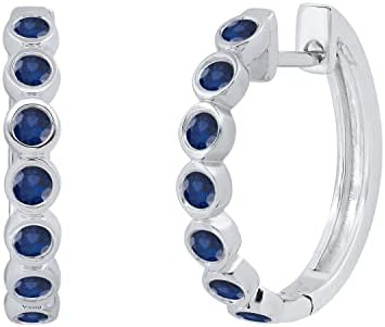 18K White Gold Hinged Hoop Earrings with Blue Sapphire, Dazzlingrock Design, Perfect for Women - Round/Bezel Set Style