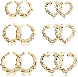 Fansilver 6-10 Pairs Bamboo Earrings Set Hollow Casting Hip-Hop Large Bamboo Earring For Women Oversize Different Shape Gold Hoop Earrings Set Fashion Rapper Accessories Jewelry