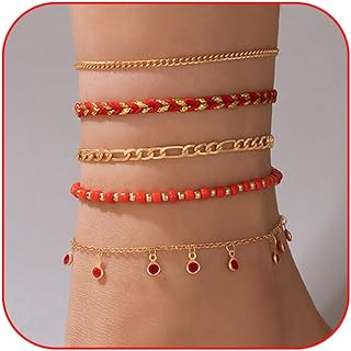 5Pcs Bohemain Layered Beaded Ankle Bracelets for Women Girls,Dainty Stackable Seed Beads Ankle Bracelets Elastic Foot and Hand Chain Jewelry