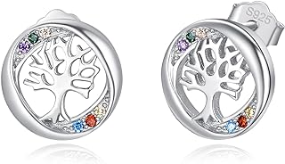 925 Sterling Silver Tree of Life Stud Earrings with Cubic Zirconia Gems, Push-Back Design for Women, Ladies and Girls - Round Shaped
