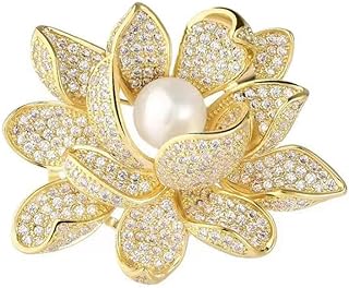 Lotus Flower Brooch Pin for Women Girls Gold Plated Rhinestone CZ Pearl Floral Lapel Pins Corsage Badge Brooches Scarf Clip Pins for Cloth Dress Accessories Decoration