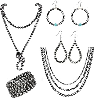 5Pcs Western Jewelry Navajo Pearl Necklace Earring Bracelet Set for Women Western Cowgirl Beaded Necklace Boho Vintage Choker Jewelry Gifts