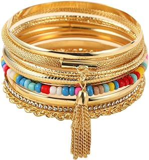 COLORFUL BLING Boho Gold Indian Multi Cuff Bangle Bracelet Layered Rhinestone Pearl Stackable Cable Smooth Bracelet Set Bohemian Jewelry for Women Girls