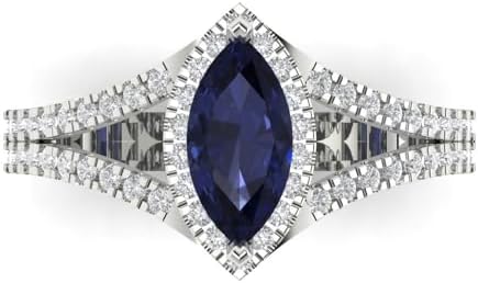Clara Pucci 1.20ct Marquise Cut Solitaire Halo Genuine Simulated Blue Sapphire Engagement Promise Anniversary Bridal Ring 18K White Gold