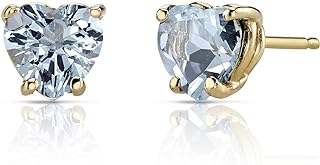 Peora 14K Yellow Gold Aquamarine Heart Stud Earrings for Women, Genuine Gemstone Solitaire Studs, 6mm, 1.50 Carats total, Friction Back