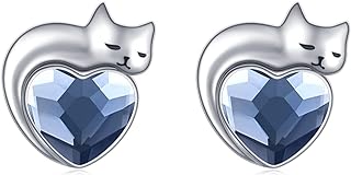 Dreamboat Cat Birthstone Earrings 925 Sterling Silver 12 Month Cat Stud Jewelry Opal/Crystal/Moonstone Earrings Cat Gifts for Cat Lovers Valentines Birthday Gift for Women Girls