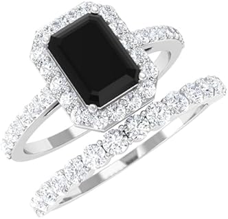 Emerald Cut Black Onyx and Moissanite Engagement Ring Set in Sterling Silver for Women, Size 9 - Beautifully Crafted Indian Bridal Set