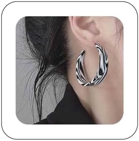 Vintage Latch Back Zebra Print Acrylic Hoop Earrings for Women and Girls - C Shaped, Lightweight Design