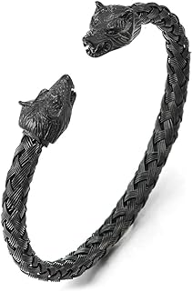 COOLSTEELANDBEYOND Mens Wolf Head Bracelet Steel Braided Cable Bangle Cuff Bracelet Polished, Adjustable