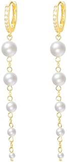 24K Gold Pearl Dangle Earrings with Hinged Hoop in Sterling Silver for Women's Wedding/Anniversary/Birthday Gift