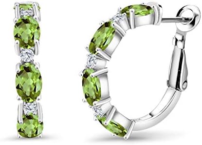 Timeless Elegance 925 Sterling Silver Green Peridot and White Lab Grown Diamond Oval Hoop Earrings with Lever Back for Women, Birthstone Design