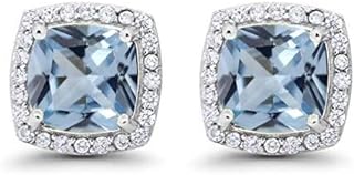 Paris Jewelry 10k White Gold 2 Ct Created Halo Princess Cut Aquamarine Stud Earrings Plated