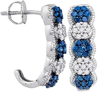 Women's 10kt White Gold Half Hoop Earrings with Blue-Diamond Gems and Screw Back, J Cluster Design by The Diamond Deal