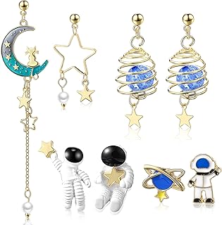 4 Pairs Astronaut Stud Earrings Asymmetric Spaceman Star Moon Earrings Planet Star Stud Dangle Earrings for Women