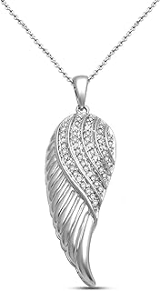 Jewelili Sterling Silver Angel Wing Pendant Necklace with 1/10 CTTW Natural White Diamonds on 18-Inch Rolo Chain