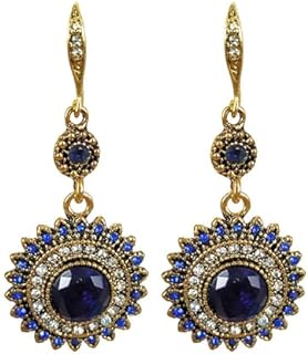 Vintage Round Blue Sapphire Sunflowers Dangle Earrings, Women's Unique Retro Colorful Ethnic Bohemian Earrings Jewelry for Women Girls
