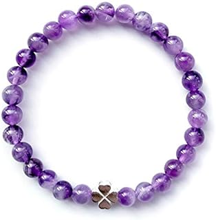 Natural Amethyst Bracelet 16.5 17.78cm with 925 Sterling Silver Angel Wing Cross Four Leaf Clover Heart Rubber Charm 6mm bead Healing Crystal for Women Girl Handmade Adjustable, Stone