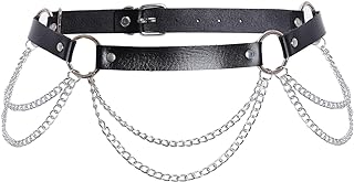 Hoyuwak Punk Leather Waist Belt Body Chain with Buckle Clasp - Versatile Layered Stainless Steel Fringe Body Jewelry in Silver and Black - Rave Festival Woman Accents from China