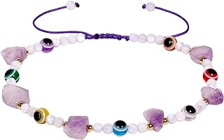Lightock Evil Eye Amethyst and Shell Anklet with Bead Chain and Push Button Clasp, Fashionable Reiki Beach Footwear Jewelry, Best for Anxiety Relief and Protection