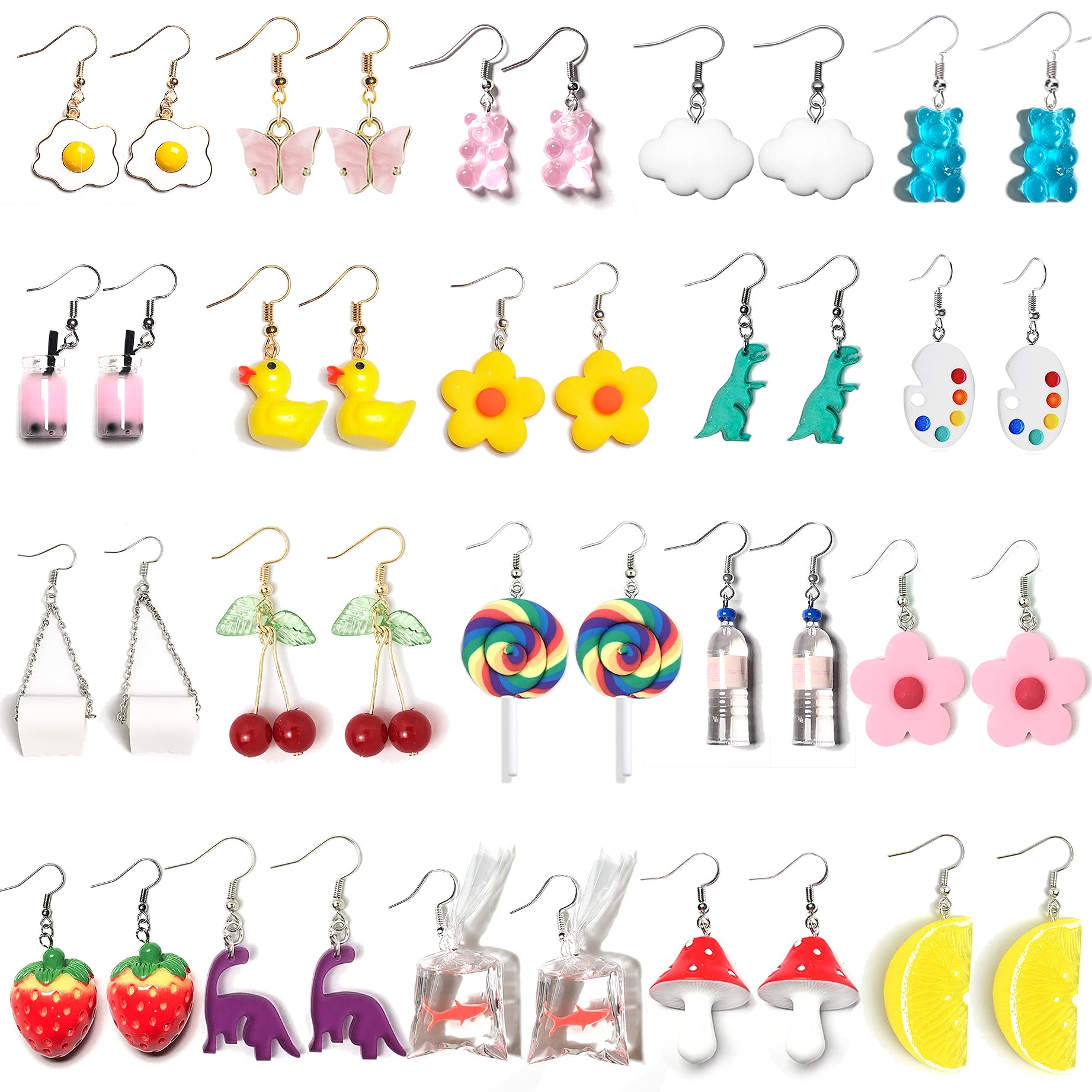 20 Pairs Weird Earrings Funny Earrings Gummy Bear Duck Water Bottle Fish Dinosaur Mushroom Butterfly Strawberry Dangle Earrings Set for Women Girls