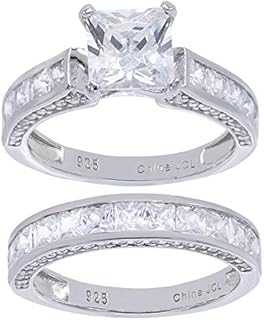 Hidden Gems Jewelry Sterling Silver 2 Pieces Princess Cut Center Clear CZ Rhodium Plated Engagement Ring Set | Wedding Bands for Women | Bridal Rings for Women