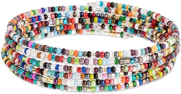 NOVICA Handmade Multicolor Glass Beaded Stainless Steel Wire Coiled Bracelet Wrap Guatemala Modern [7 in Inner Circ. x 0.5 in W] 'Multicolor Menagerie'