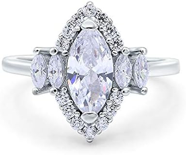 Blue Apple Co. Marquise Cut Halo Vintage Art Deco Wedding Engagement Bridal Ring Simulated Cubic Zirconia 925 Sterling Silver