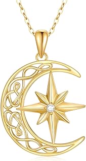 Solid Gold 14K Moon Diamond Necklace for Women, Real Gold Moon and Star Pendant Necklace Fine Jewelry Anniversary Mother's Day Gift for Wife, Mom, 16''-18''