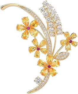 Women's 14K Yellow Gold Brooch with Pin Clasp and Moissanite Gems - Lustrous Colored Gemstone Floral Wheat Sheaf Design