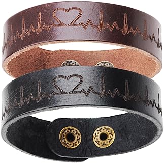 Lobster Claw Clasp Leather Heartbeat Bracelets with Box Chain for Couples, Black & Brown