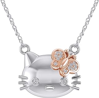 14k Yellow, Rose Gold Finish 925 Sterling Silver Round Cut 0.05 Carat Natural Diamond Hello Kitty Pendant, 18" Chain (Two-Tone/Cat Pendant/Cat Necklace/Cat Lovers/Good Luck Pendant)