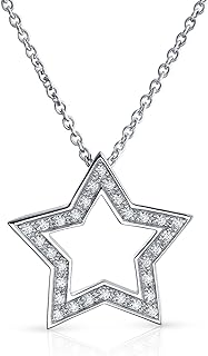 Large Pave Cubic Zirconia CZ Celestial Patriotic American USA Open Rock Star Pendant Necklace For Women For Teen .925 Sterling Silver